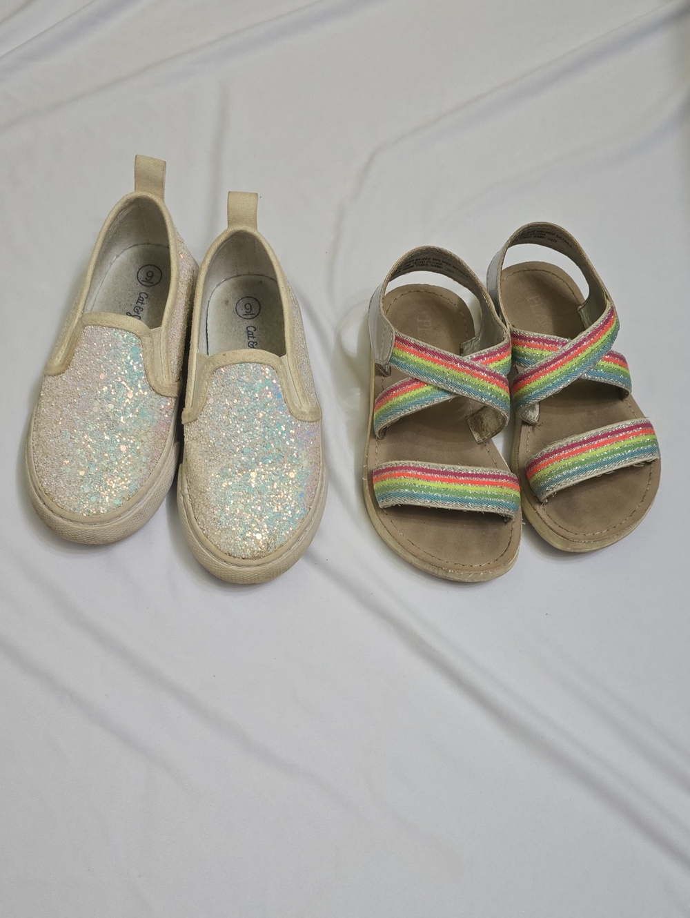 Kids Glitter Slip-On Sneakers and Rainbow Strap Sandals - Cream & Multicolor